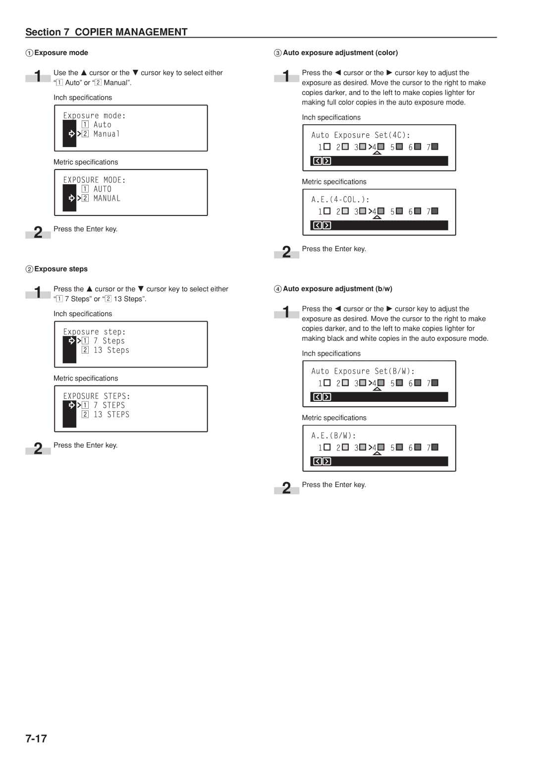 Kyocera KM-C830D manual Exposure mode, Exposure steps, Auto exposure adjustment color, Auto exposure adjustment b/w 