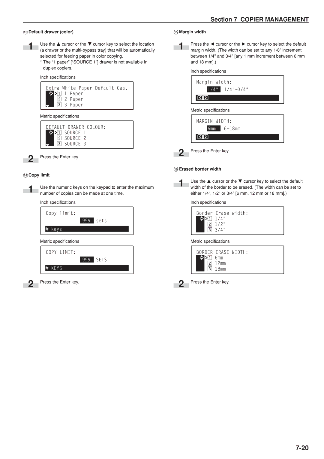 Kyocera KM-C830D manual # Default drawer color, $ Copy limit, Margin width, Erased border width 