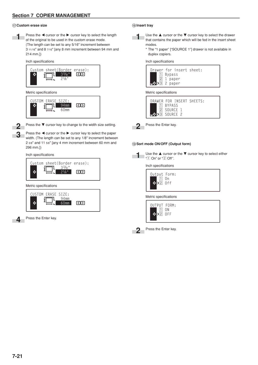 Kyocera KM-C830D manual Custom erase size, Insert tray, Sort mode ON/OFF Output form 