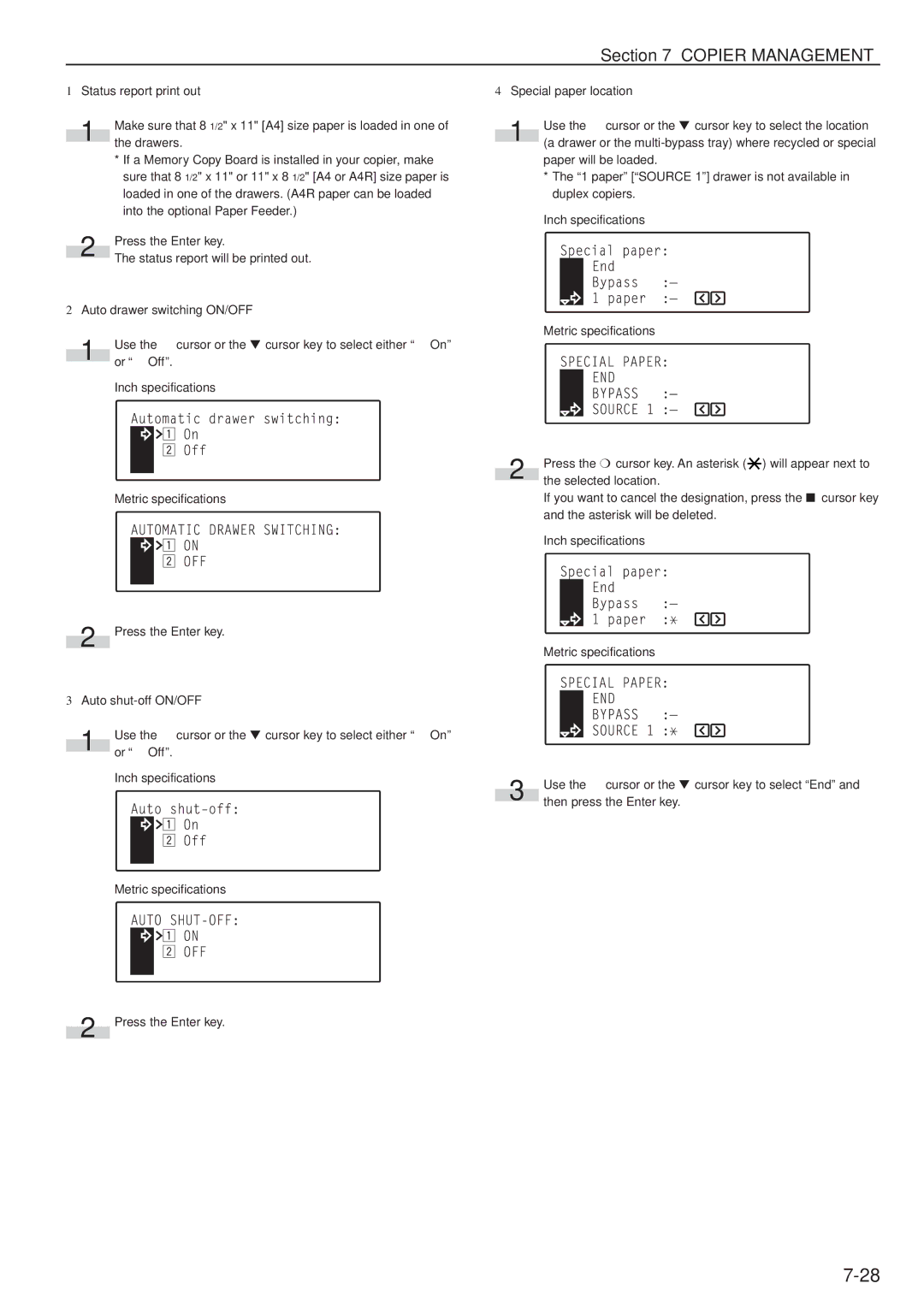 Kyocera KM-C830 manual Status report print out, Auto drawer switching ON/OFF, Auto shut-off ON/OFF, Special paper location 