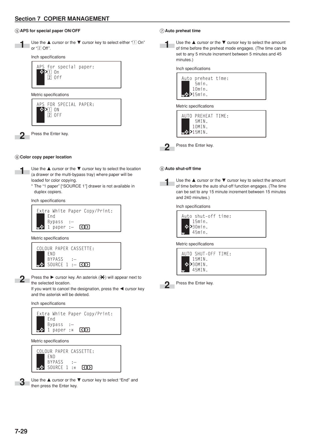 Kyocera KM-C830D manual APS for special paper ON/OFF, Color copy paper location, Auto preheat time, Auto shut-off time 