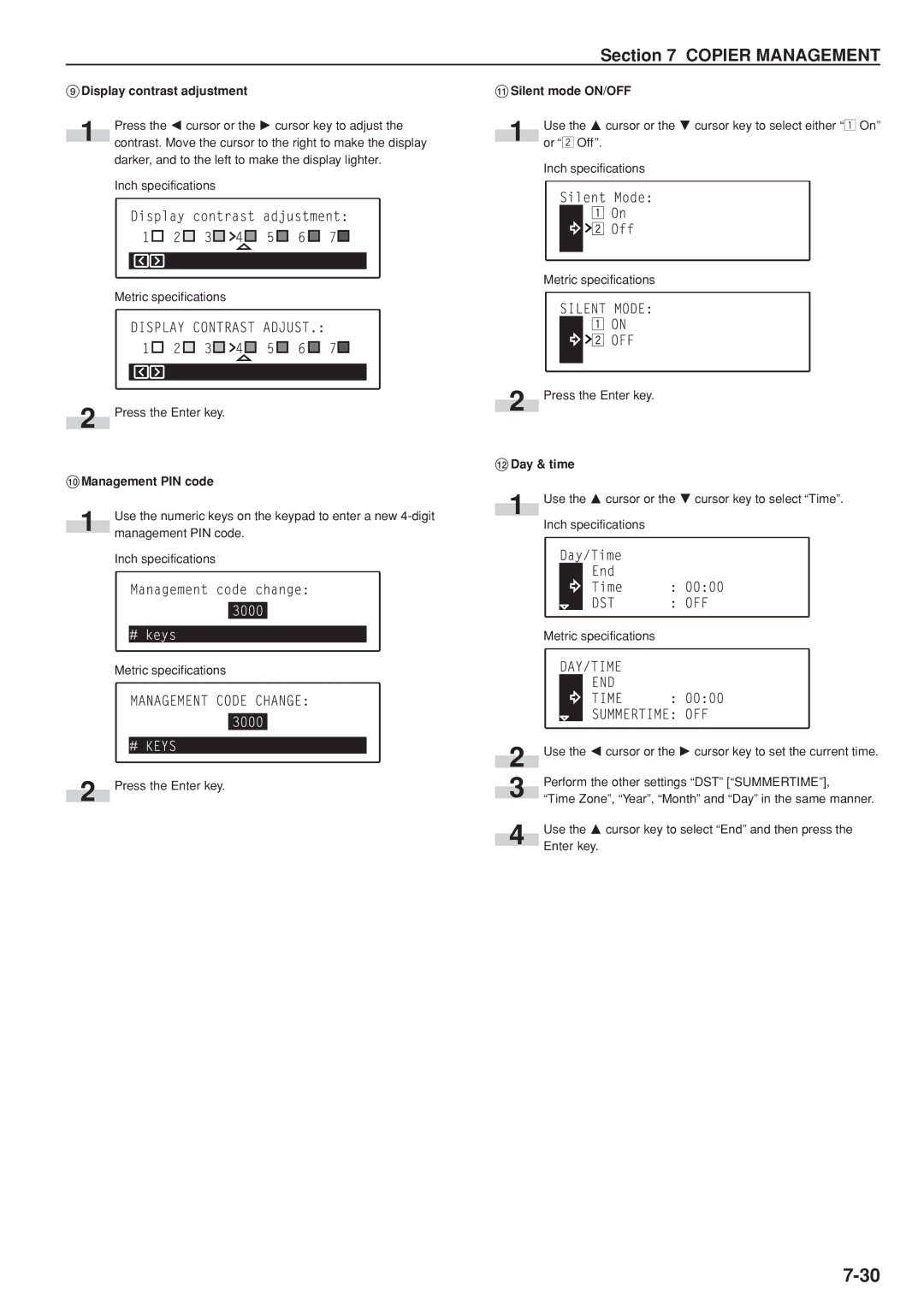 Kyocera KM-C830D manual Display contrast adjustment, Management PIN code, Silent mode ON/OFF, @ Day & time 