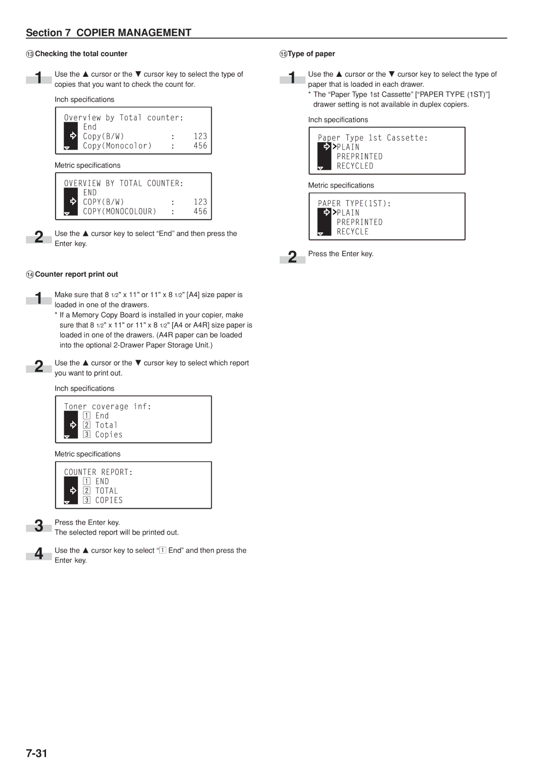 Kyocera KM-C830D manual # Checking the total counter, $ Counter report print out, Type of paper 