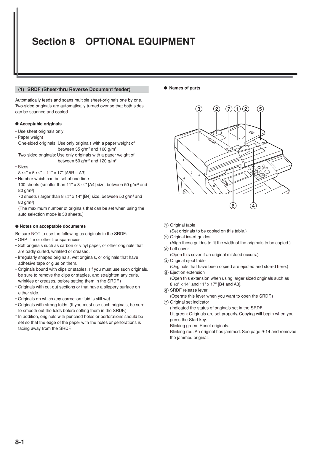 Kyocera KM-C830D manual Srdf Sheet-thru Reverse Document feeder, Acceptable originals, Names of parts 