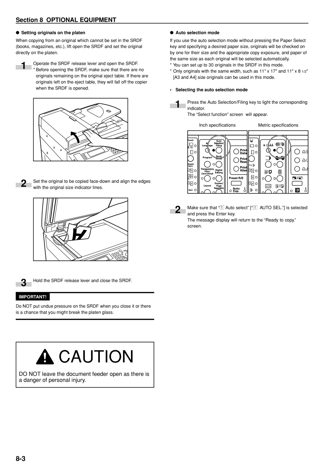 Kyocera KM-C830D manual Setting originals on the platen, Auto selection mode, Selecting the auto selection mode 