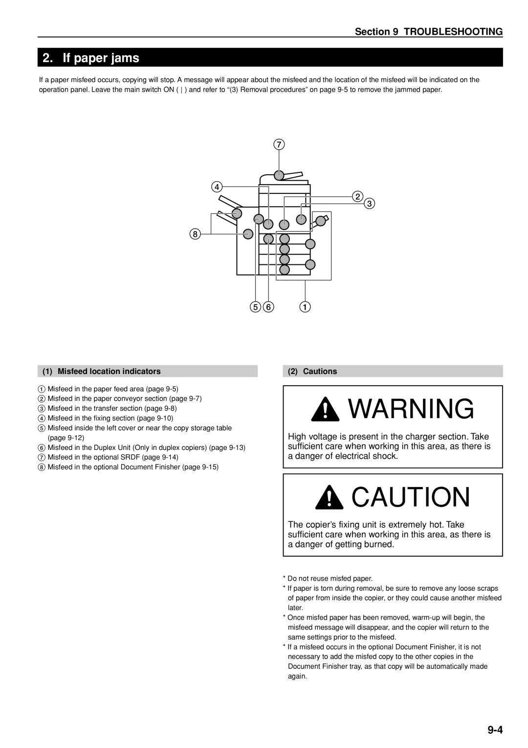 Kyocera KM-C830D manual If paper jams, Misfeed location indicators 