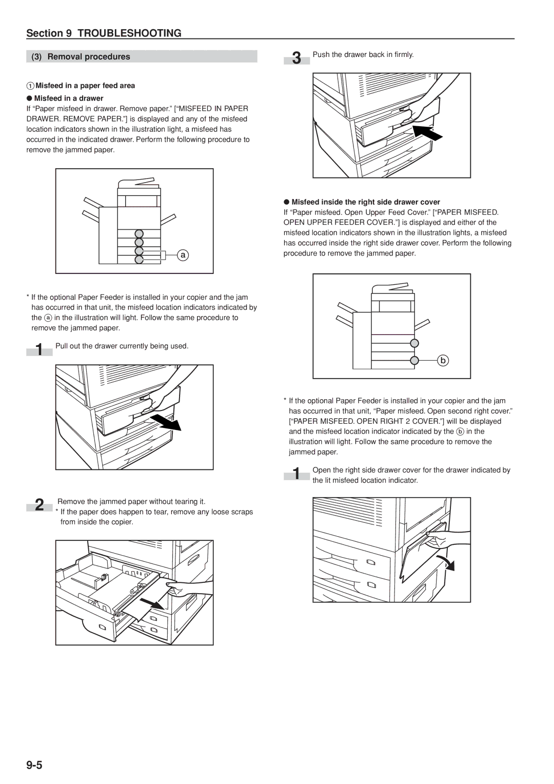 Kyocera KM-C830D manual Removal procedures, Misfeed in a paper feed area Misfeed in a drawer 