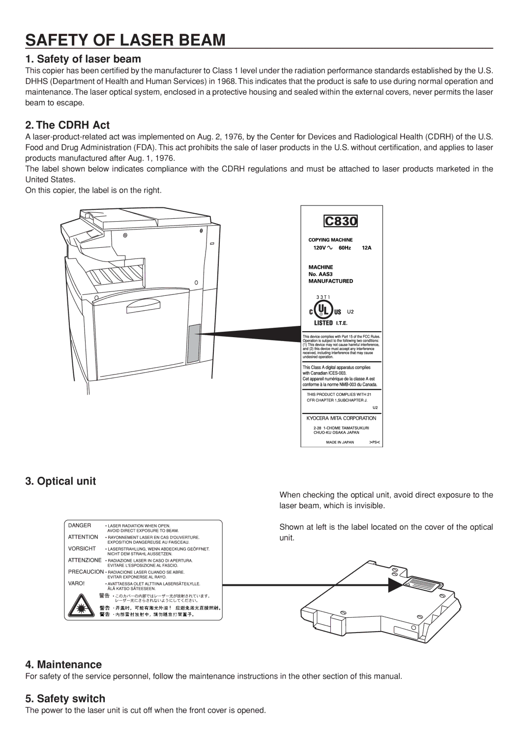 Kyocera KM-C830D manual Safety of Laser Beam 