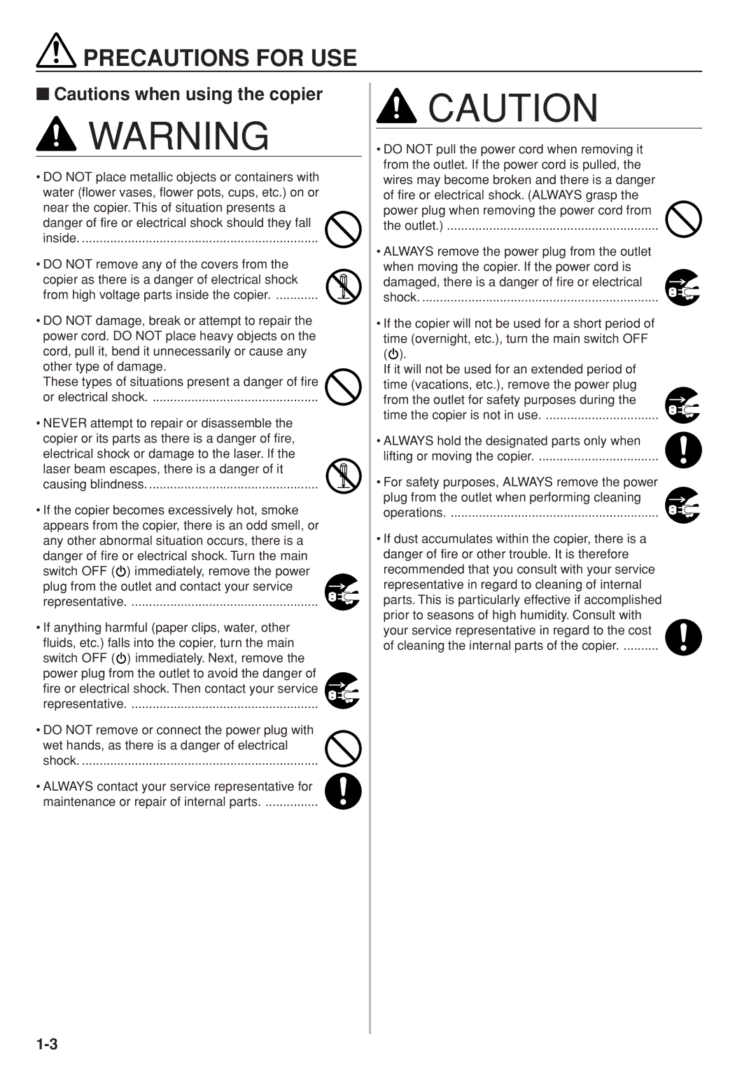 Kyocera KM-C830D manual Precautions for USE 