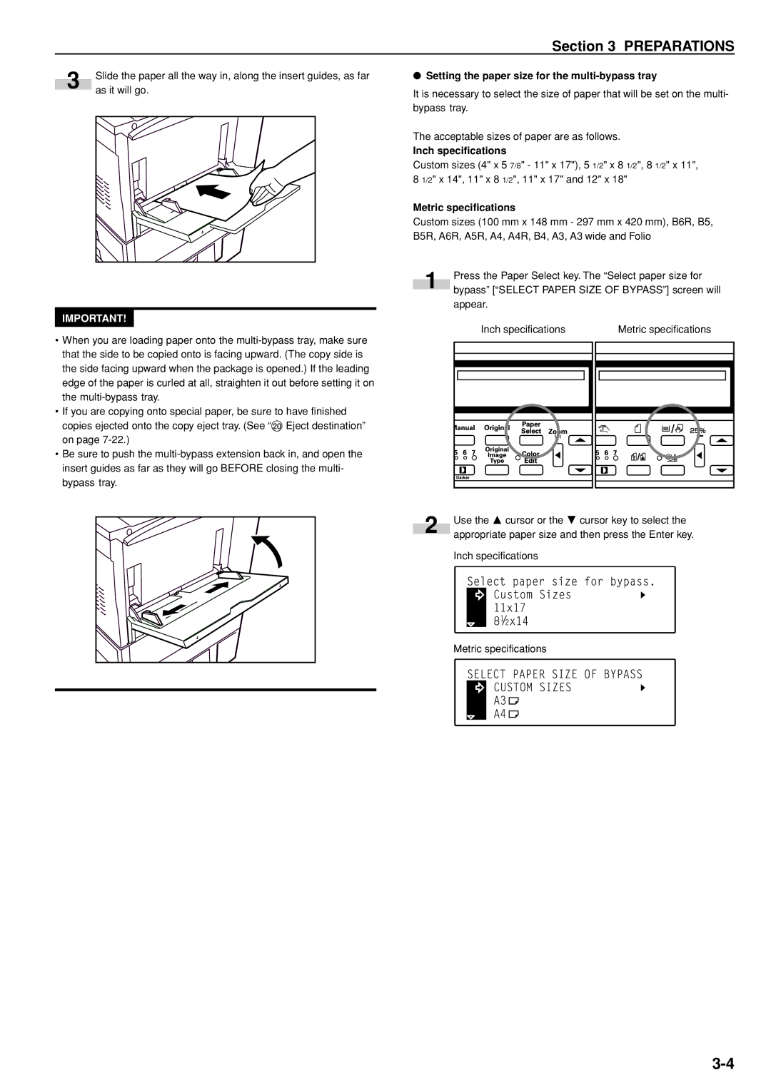 Kyocera KM-C830D manual Setting the paper size for the multi-bypass tray, Inch specifications 