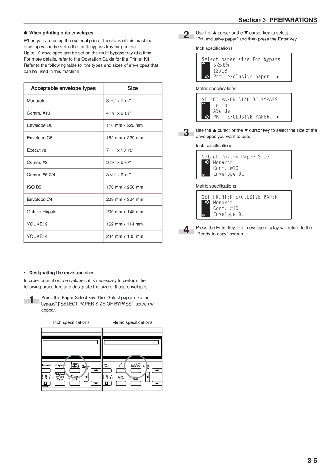 Kyocera KM-C830D manual Acceptable envelope types Size, When printing onto envelopes, Designating the envelope size 