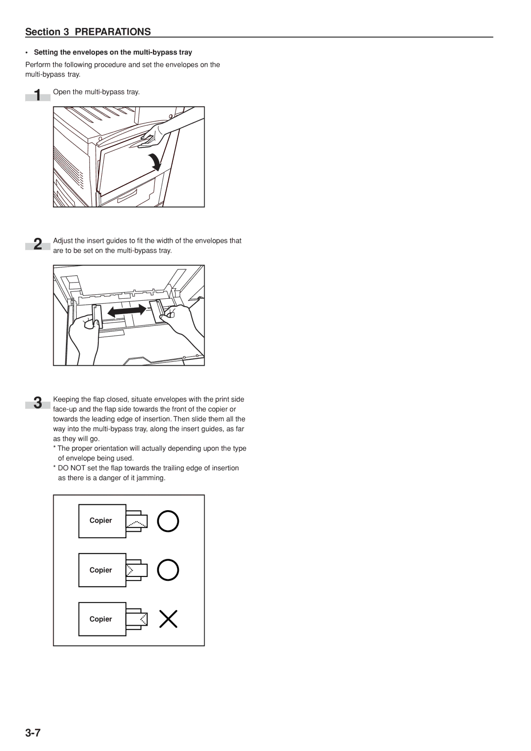 Kyocera KM-C830D manual Setting the envelopes on the multi-bypass tray, Copier 