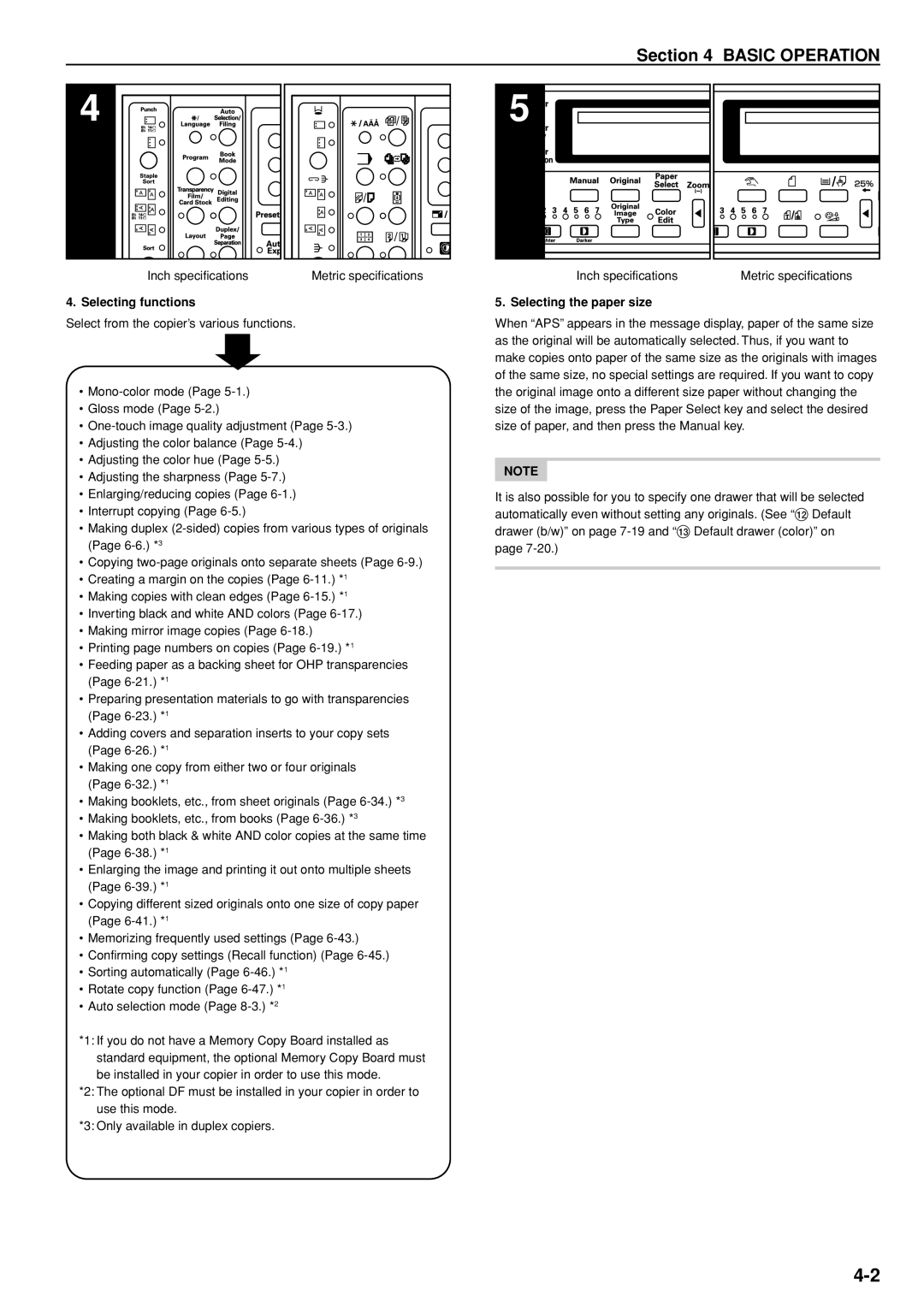 Kyocera KM-C830D manual Selecting functions, Selecting the paper size 