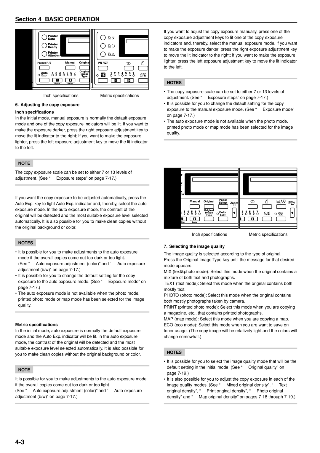 Kyocera KM-C830D manual Adjusting the copy exposure Inch specifications, Selecting the image quality 