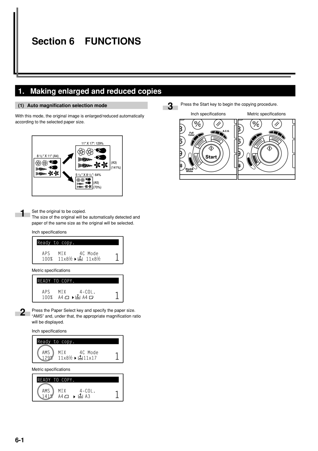 Kyocera KM-C830D manual Making enlarged and reduced copies, Auto magnification selection mode 