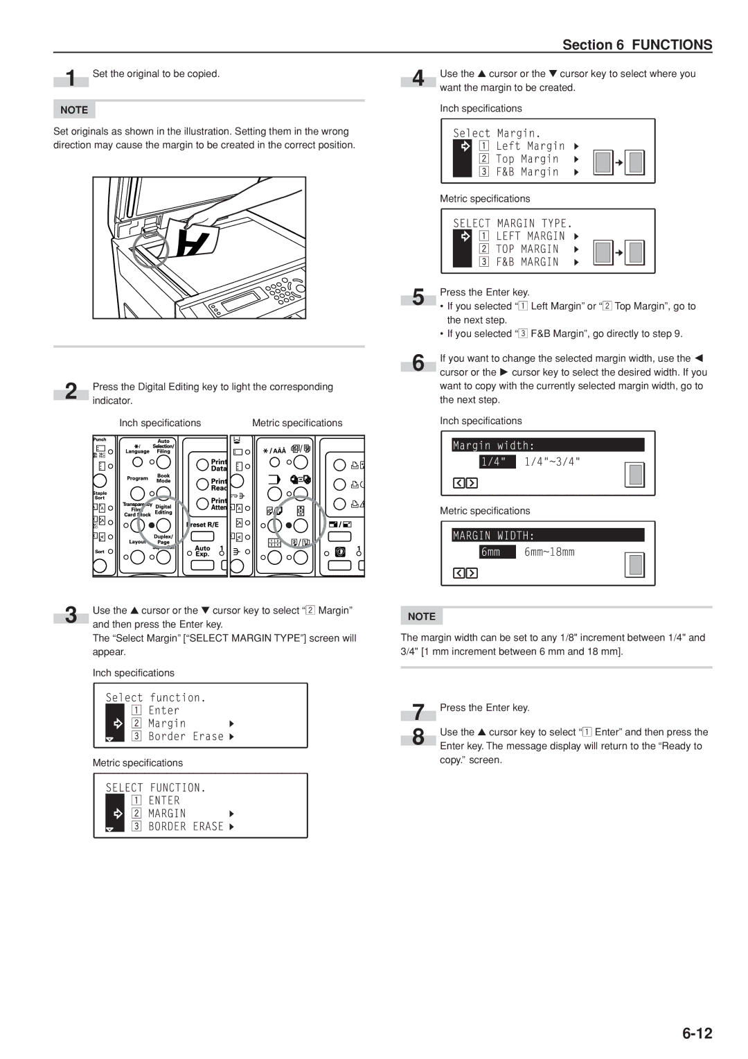 Kyocera KM-C830D manual Indicator Inch specifications Metric specifications 