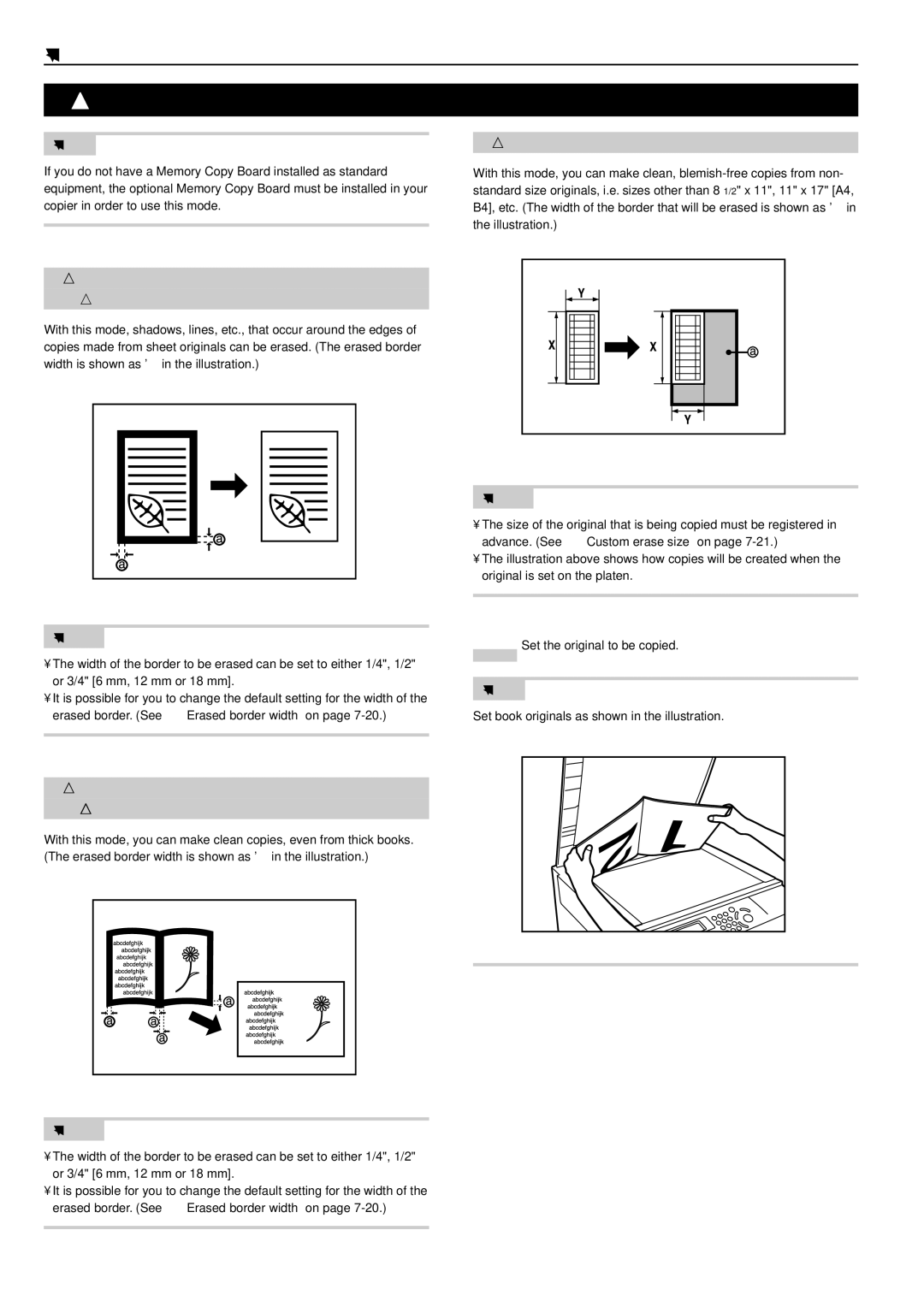 Kyocera KM-C830D manual Making copies with clean edges Border erase modes, Selecting the erasing area Custom erase mode 