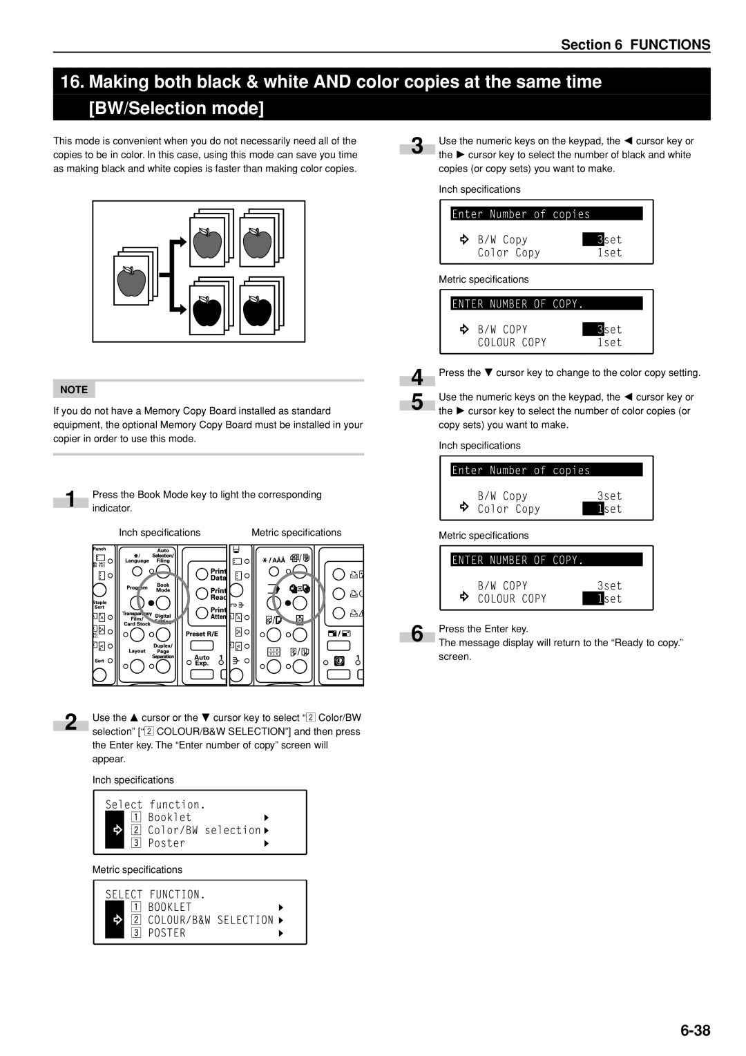 Kyocera KM-C830D manual Press the Book Mode key to light the corresponding 