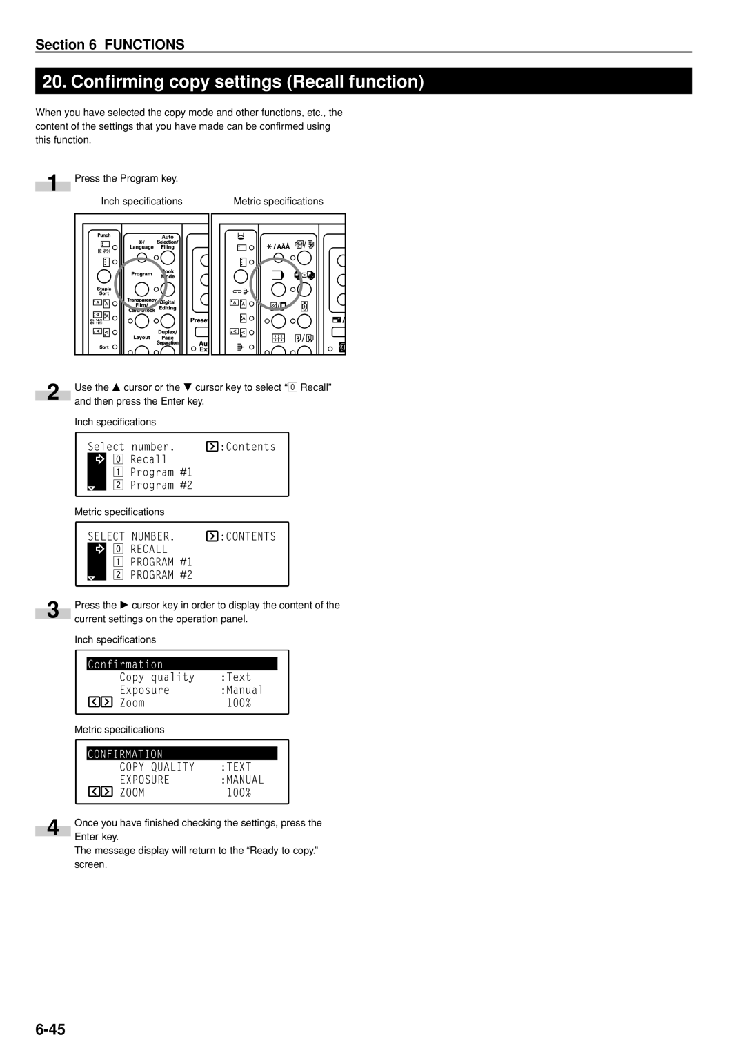 Kyocera KM-C830D manual Confirming copy settings Recall function 