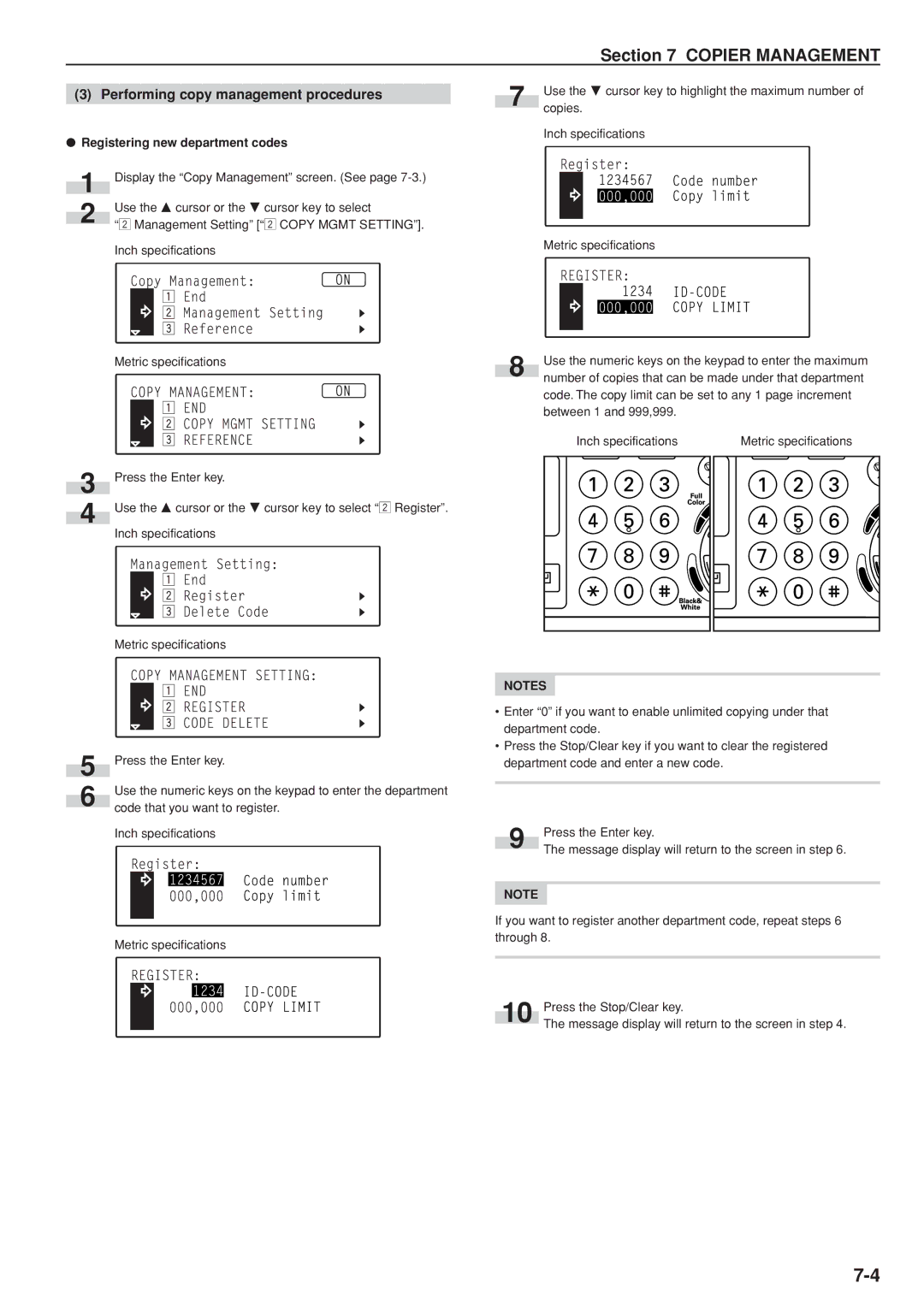 Kyocera KM-C830D manual Performing copy management procedures, Registering new department codes 