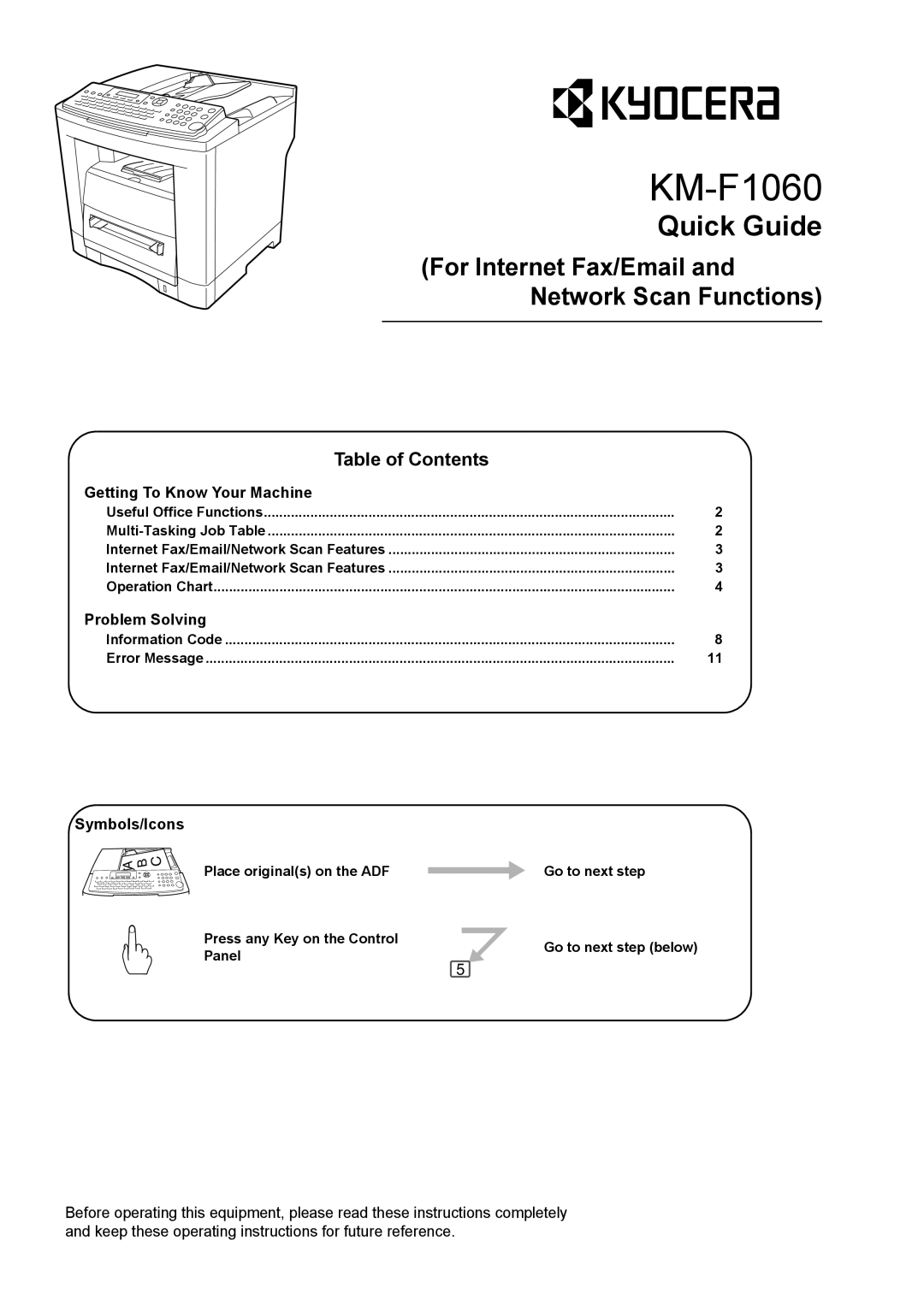 Kyocera KM-F1060 manual Table of Contents 