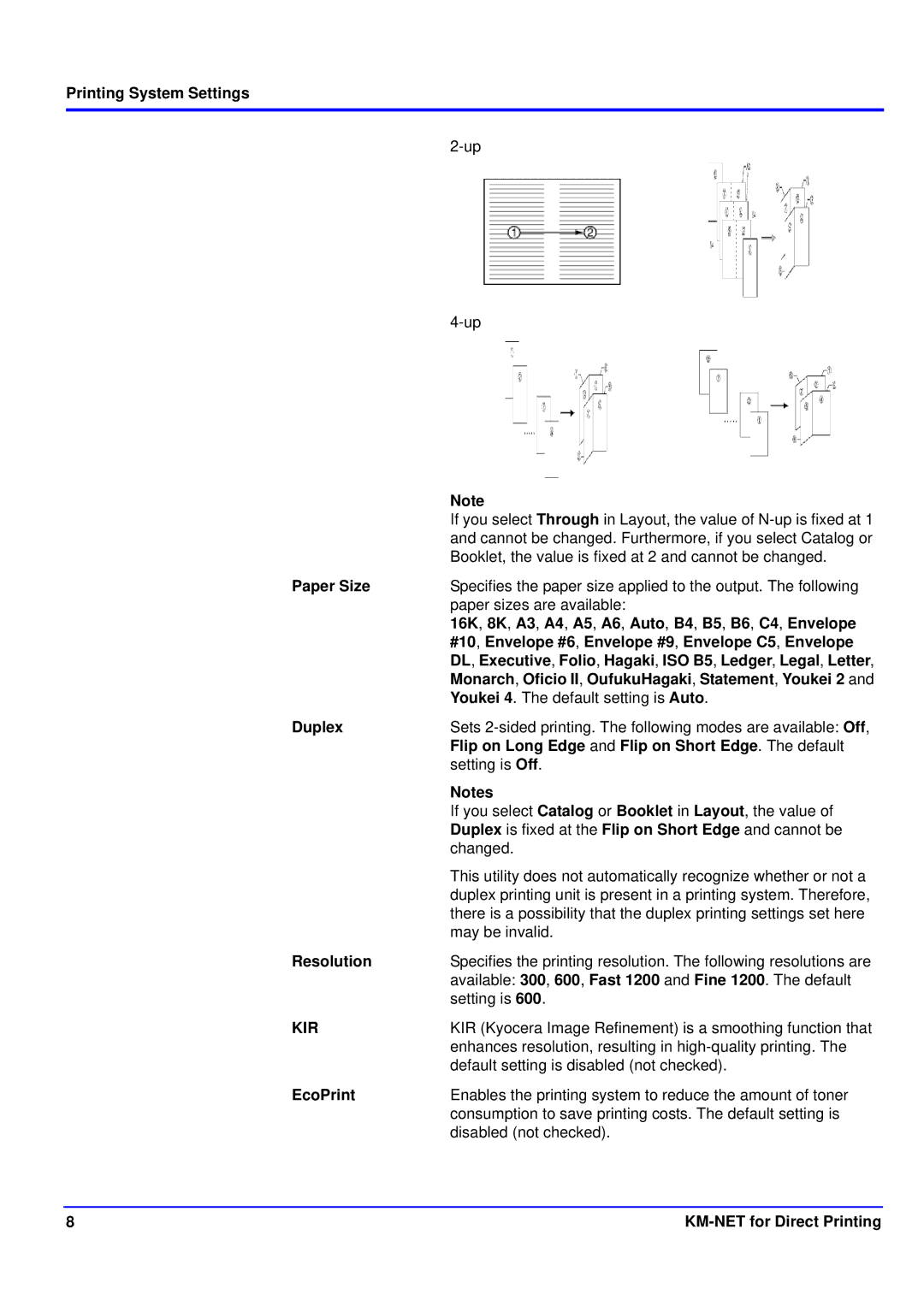 Kyocera KM-NET manual 16K, 8K, A3, A4, A5, A6, Auto, B4, B5, B6, C4, Envelope, Duplex, Resolution, EcoPrint 