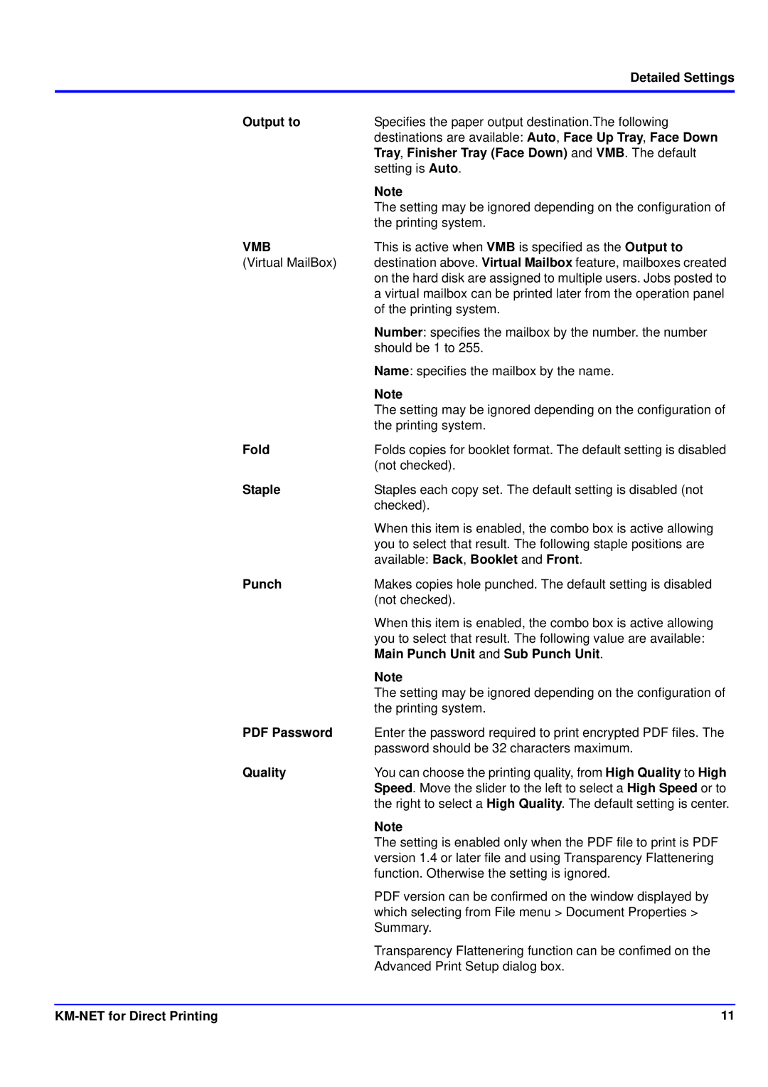Kyocera KM-NET manual Output to, Tray, Finisher Tray Face Down and VMB. The default, Fold, Staple, Punch, Quality 