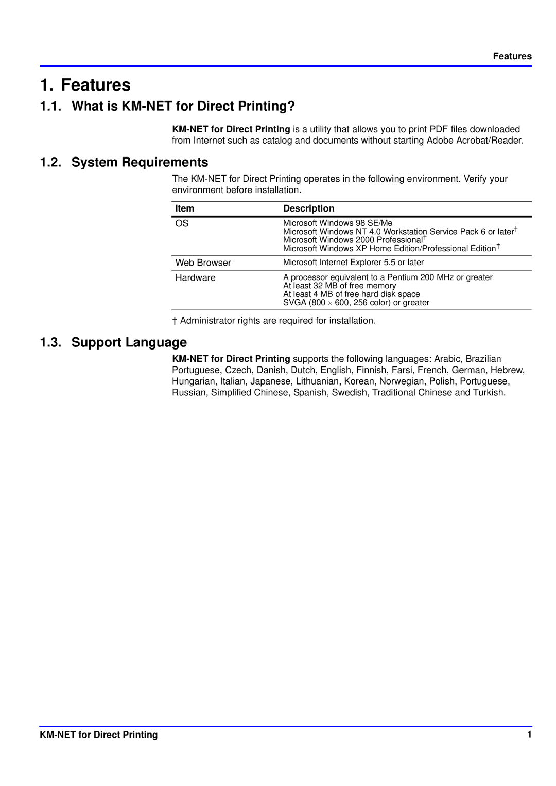 Kyocera manual Features, Description, KM-NET for Direct Printing 