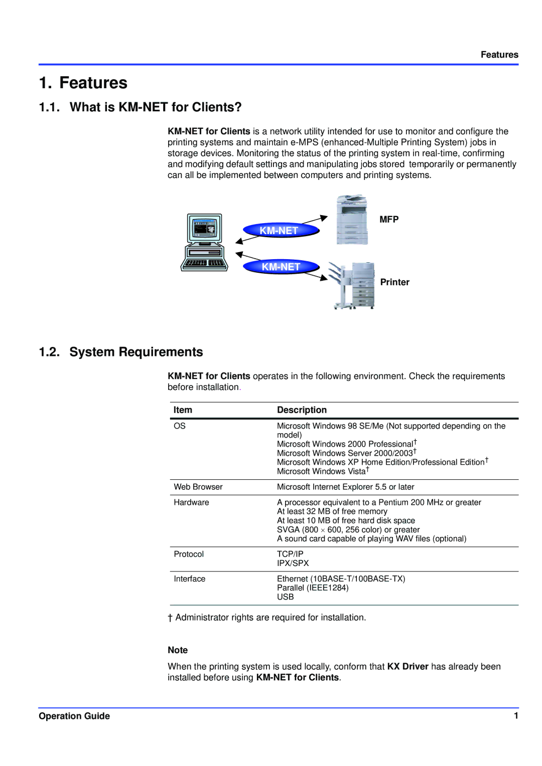 Kyocera manual Features, What is KM-NET for Clients?, System Requirements 