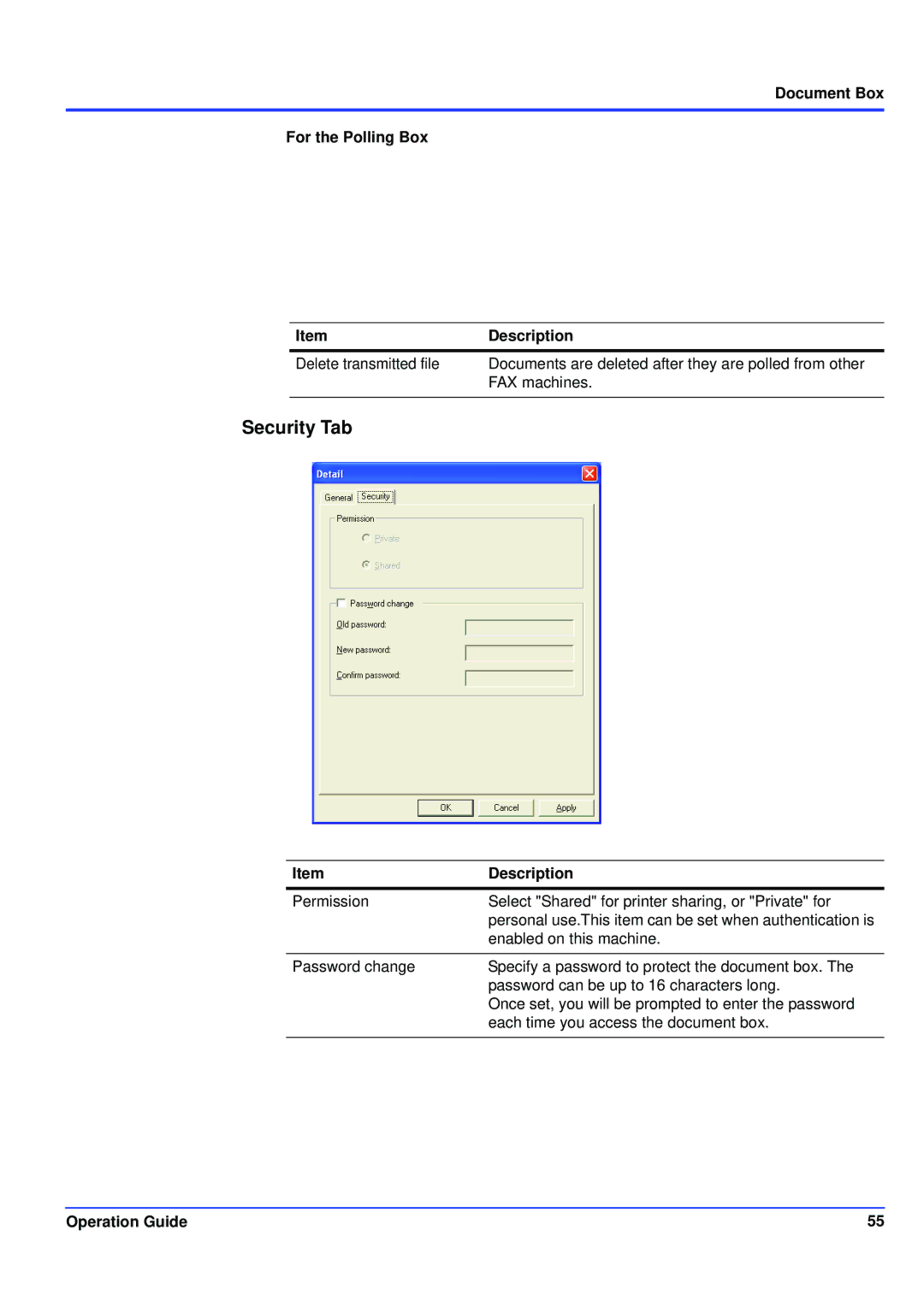 Kyocera KM-NET manual Security Tab, Document Box For the Polling Box Description 