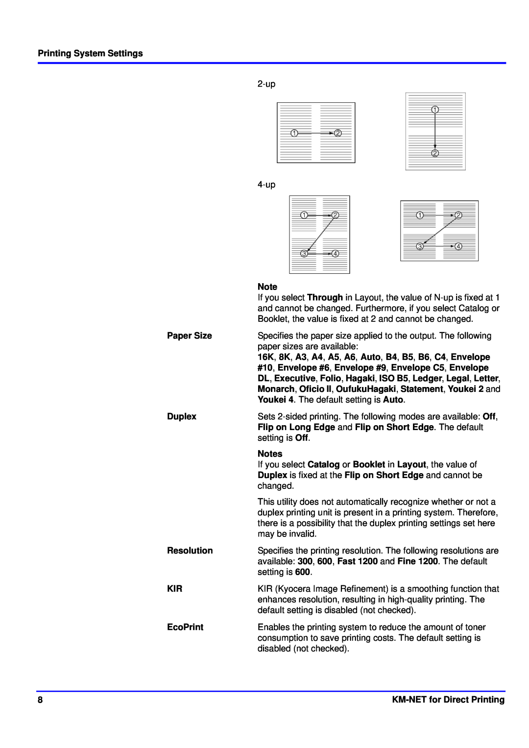 Kyocera KM-NET manual Printing System Settings 