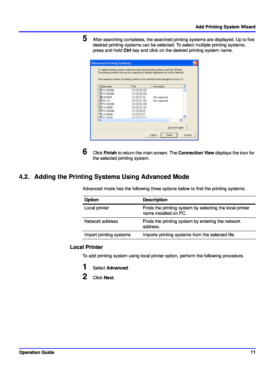 Kyocera KM-NET manual Local Printer, Add Printing System Wizard, Option, Description, Operation Guide 