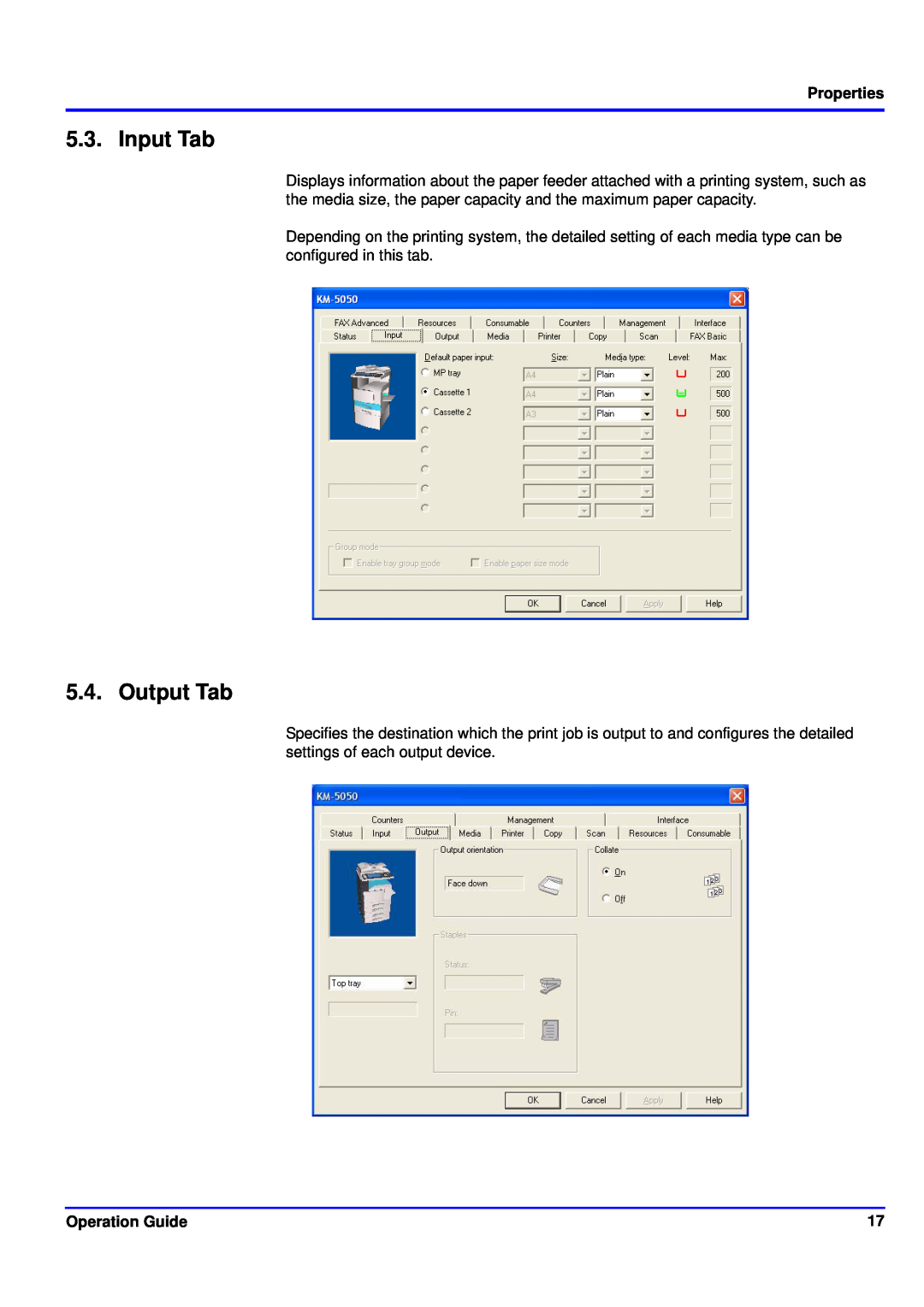 Kyocera KM-NET manual Input Tab, Output Tab, Properties, Operation Guide 