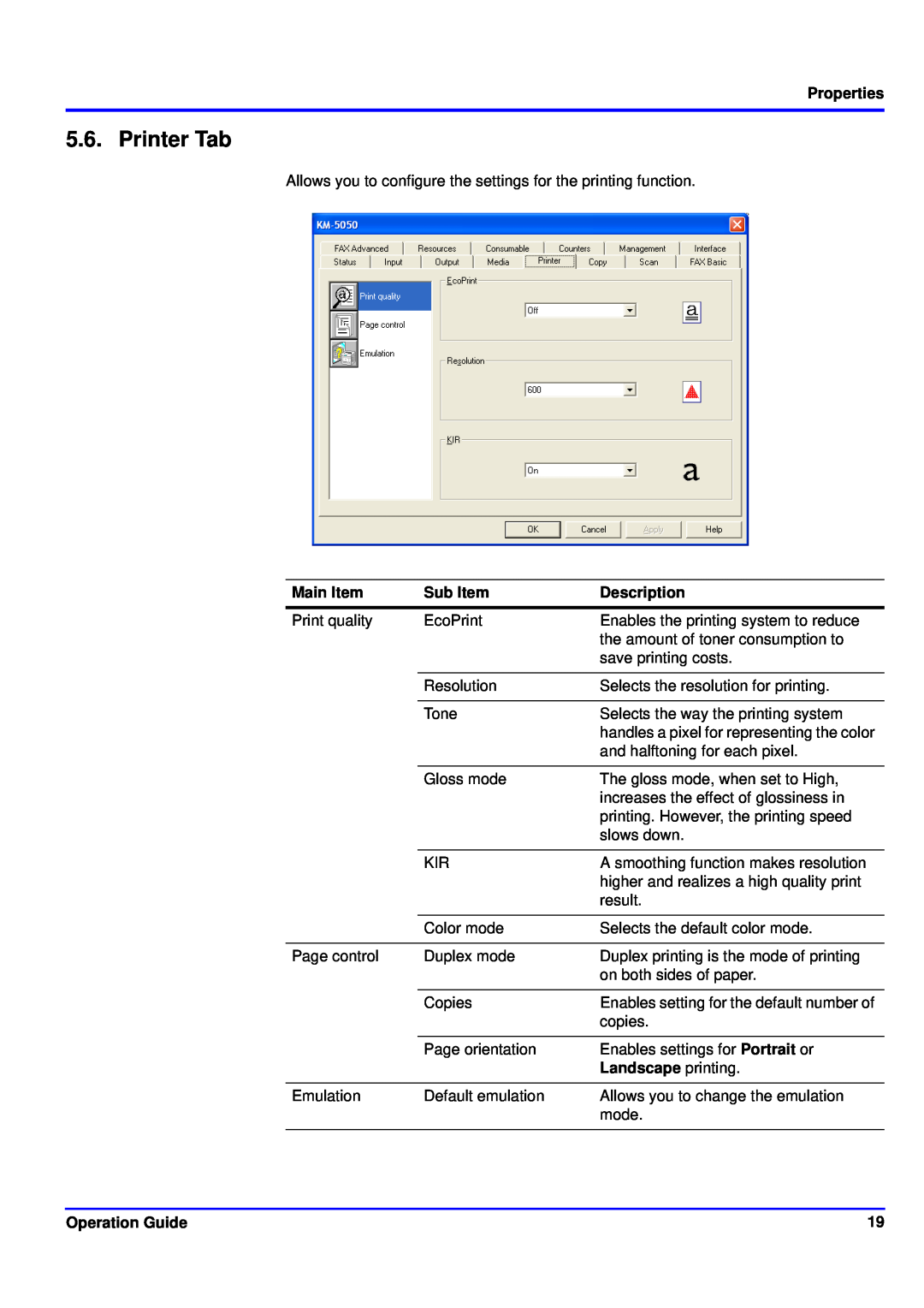 Kyocera KM-NET manual Printer Tab, Properties, Main Item, Sub Item, Description, Landscape printing, Operation Guide 