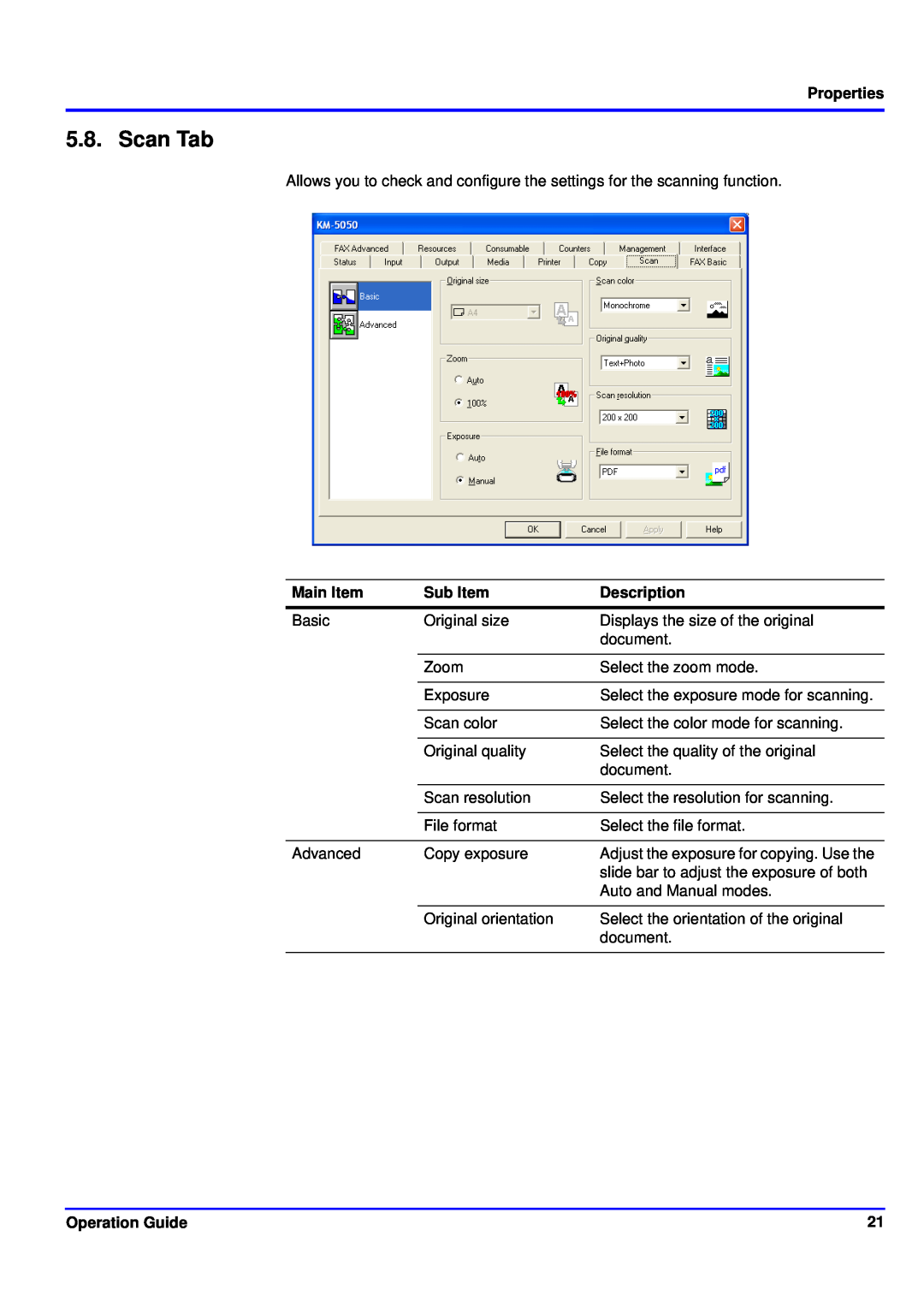Kyocera KM-NET manual Scan Tab, Properties, Main Item, Sub Item, Description, Operation Guide 