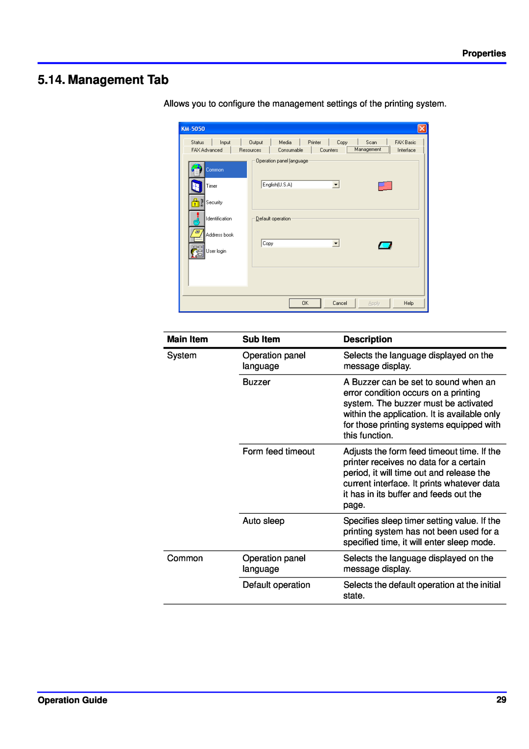 Kyocera KM-NET manual Management Tab, Properties, Main Item, Sub Item, Description, Operation Guide 