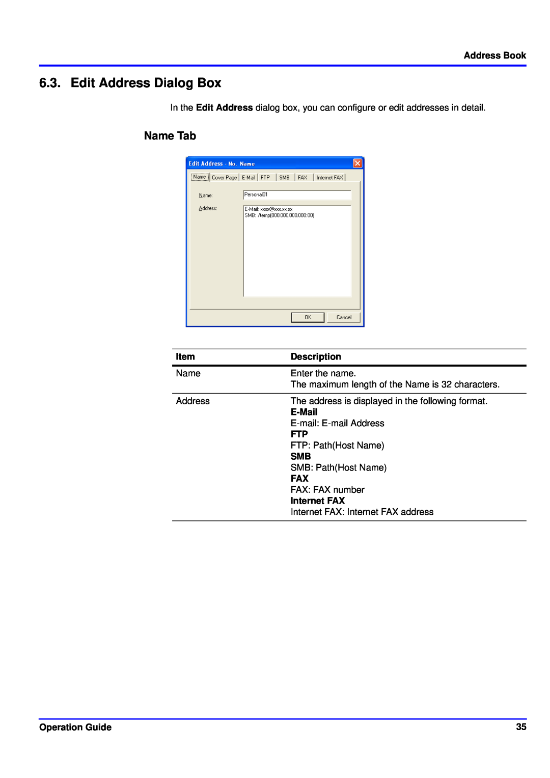 Kyocera KM-NET manual Edit Address Dialog Box, Name Tab 