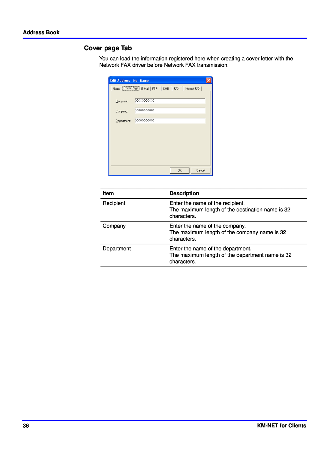 Kyocera manual Cover page Tab, Address Book, Item, Description, KM-NETfor Clients 