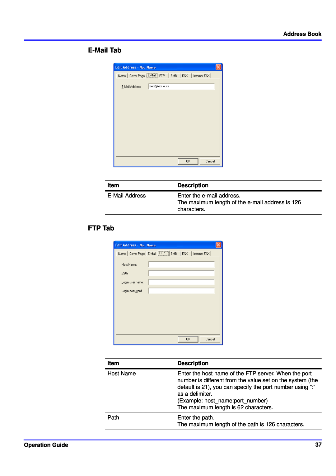 Kyocera KM-NET manual E-MailTab, FTP Tab, Address Book, Description, Item, Operation Guide 