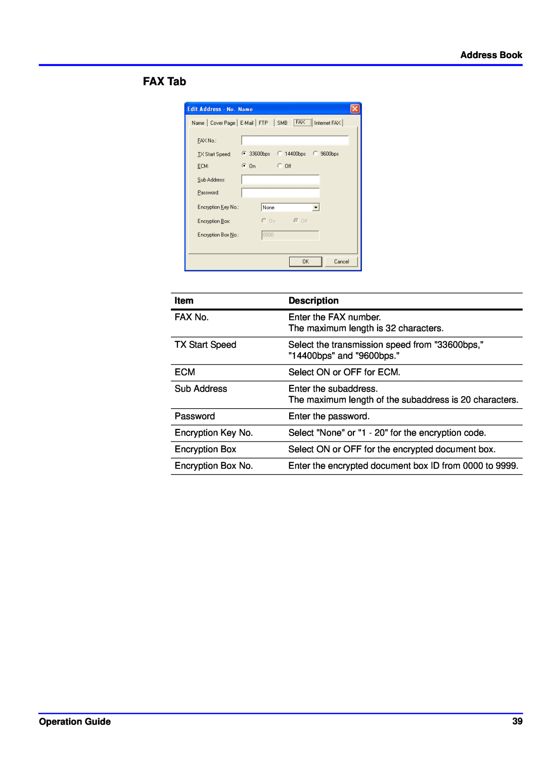 Kyocera KM-NET manual FAX Tab, Address Book, Item, Description, Operation Guide 