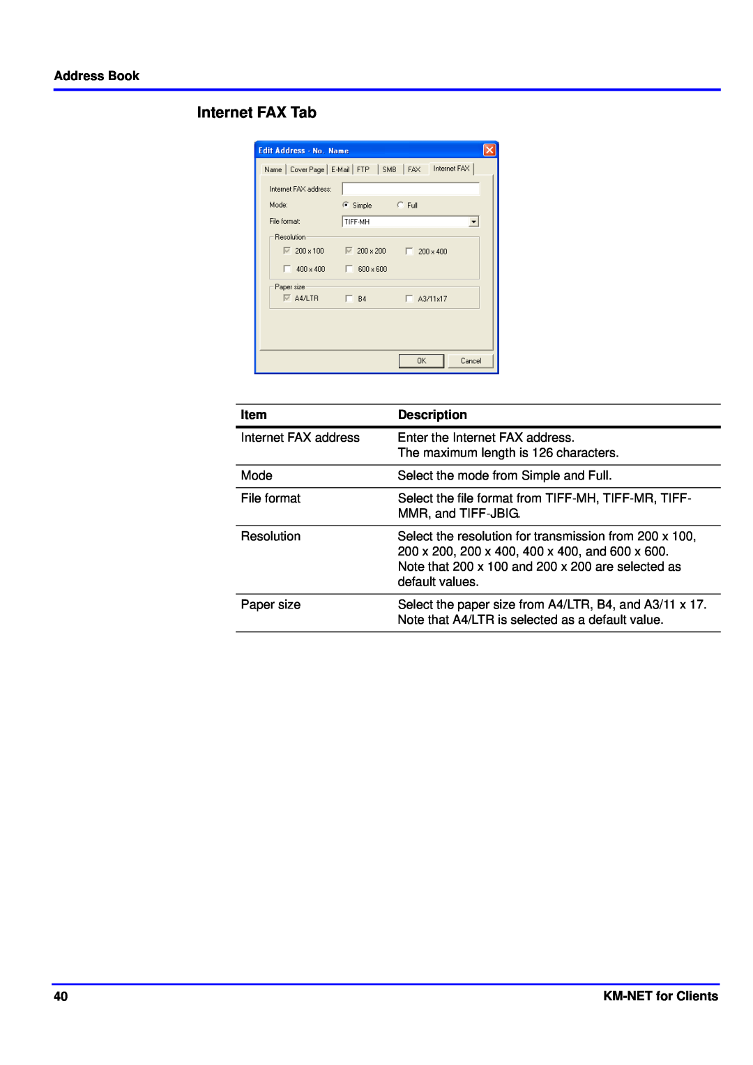 Kyocera manual Internet FAX Tab, Address Book, Item, Description, KM-NETfor Clients 