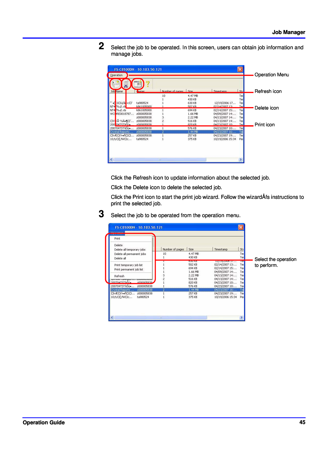 Kyocera KM-NET manual Job Manager, Operation Guide, Operation Menu Refresh icon Delete icon, Print icon 