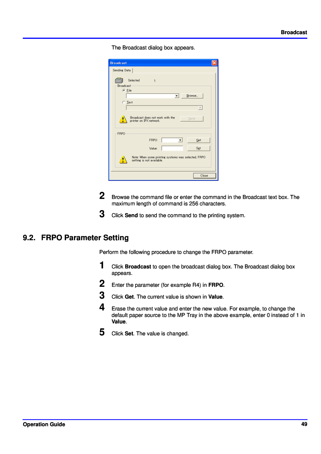 Kyocera KM-NET manual FRPO Parameter Setting, Broadcast, Operation Guide 