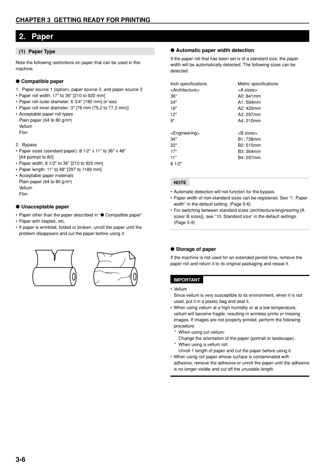 Kyocera KM-P4845w Paper Type Compatible paper, Unacceptable paper, Automatic paper width detection, Storage of paper 