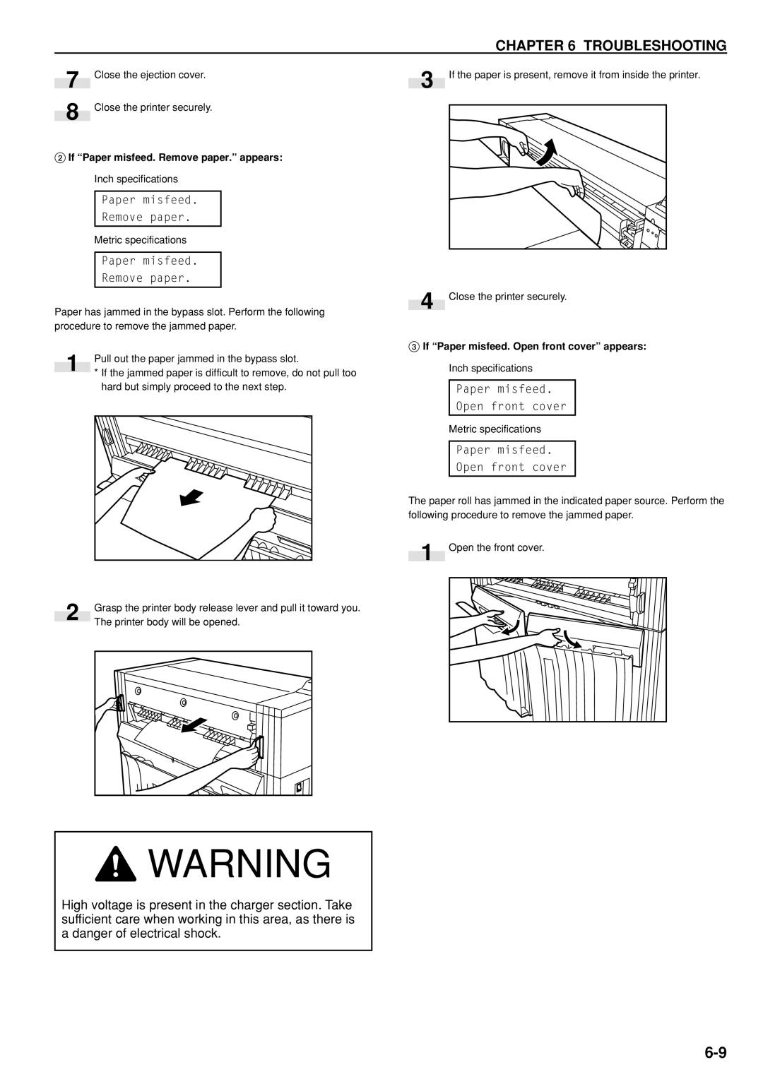 Kyocera KM-P4850w, KM-P4845w manual Close the ejection cover, If Paper misfeed. Remove paper. appears 