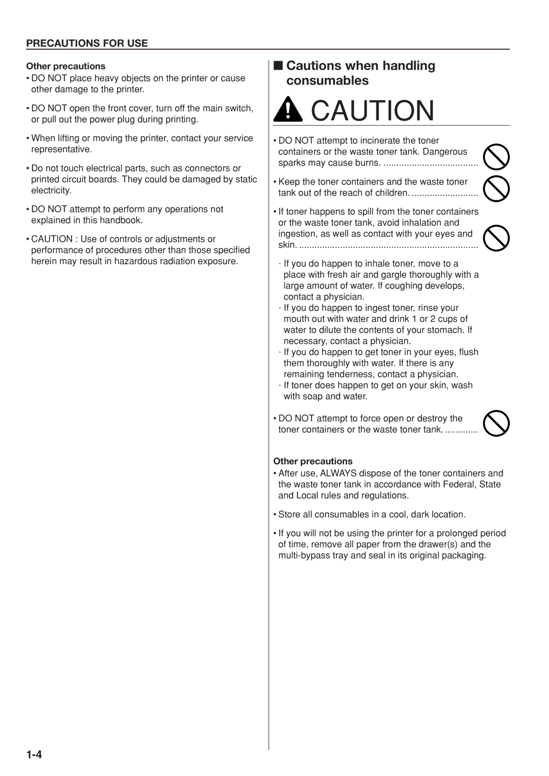 Kyocera KM-P4845w, KM-P4850w manual Precautions for USE 