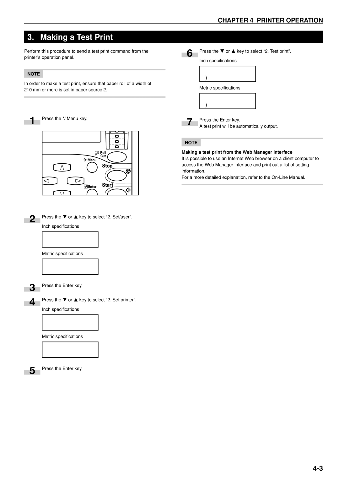 Kyocera KM-P4850w, KM-P4845w manual Making a Test Print, Making a test print from the Web Manager interface 