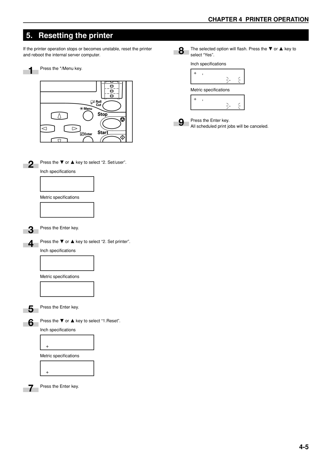 Kyocera KM-P4850w, KM-P4845w manual Resetting the printer 