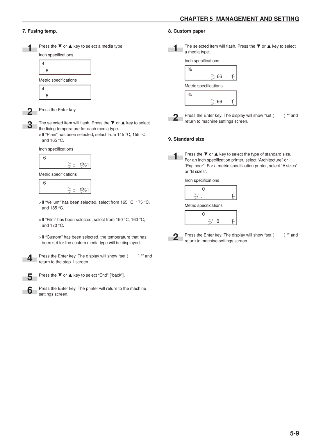 Kyocera KM-P4850w, KM-P4845w manual Fusing temp, Custom paper, Standard size 