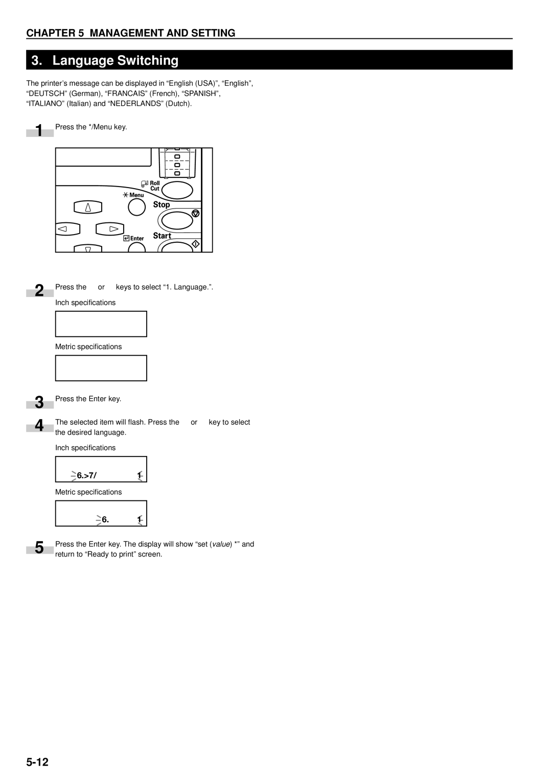 Kyocera KM-P4845w, KM-P4850w manual Language Switching, Language English 